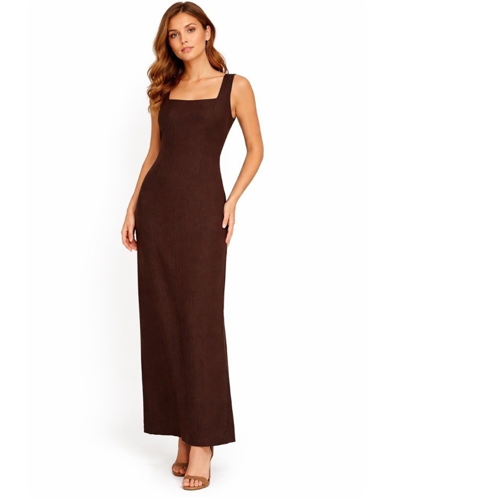 Olivaceous Brown LinenSquare Neck Sleeveless Midi Sheath Dress Women's M NWT